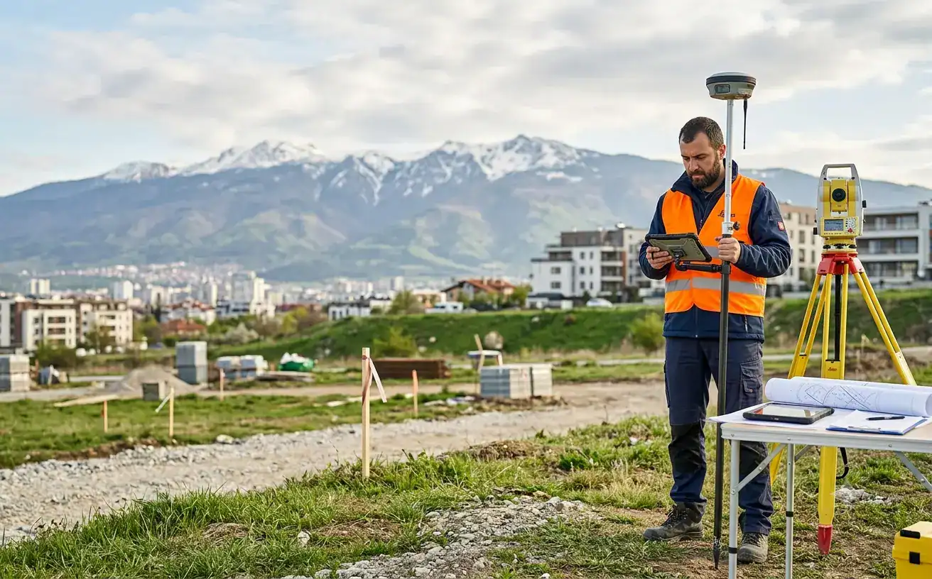 Геодезист в София с GNSS приемник и кадастрални документи за цени на геодезически услуги